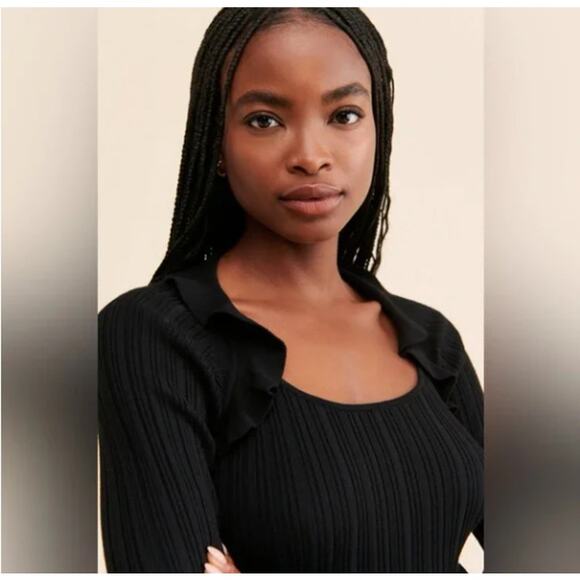 MAEVE Millie Ruffled Sweater Anthropologie ribbed black Size Medium WhimsiGoth - Picture 2 of 10